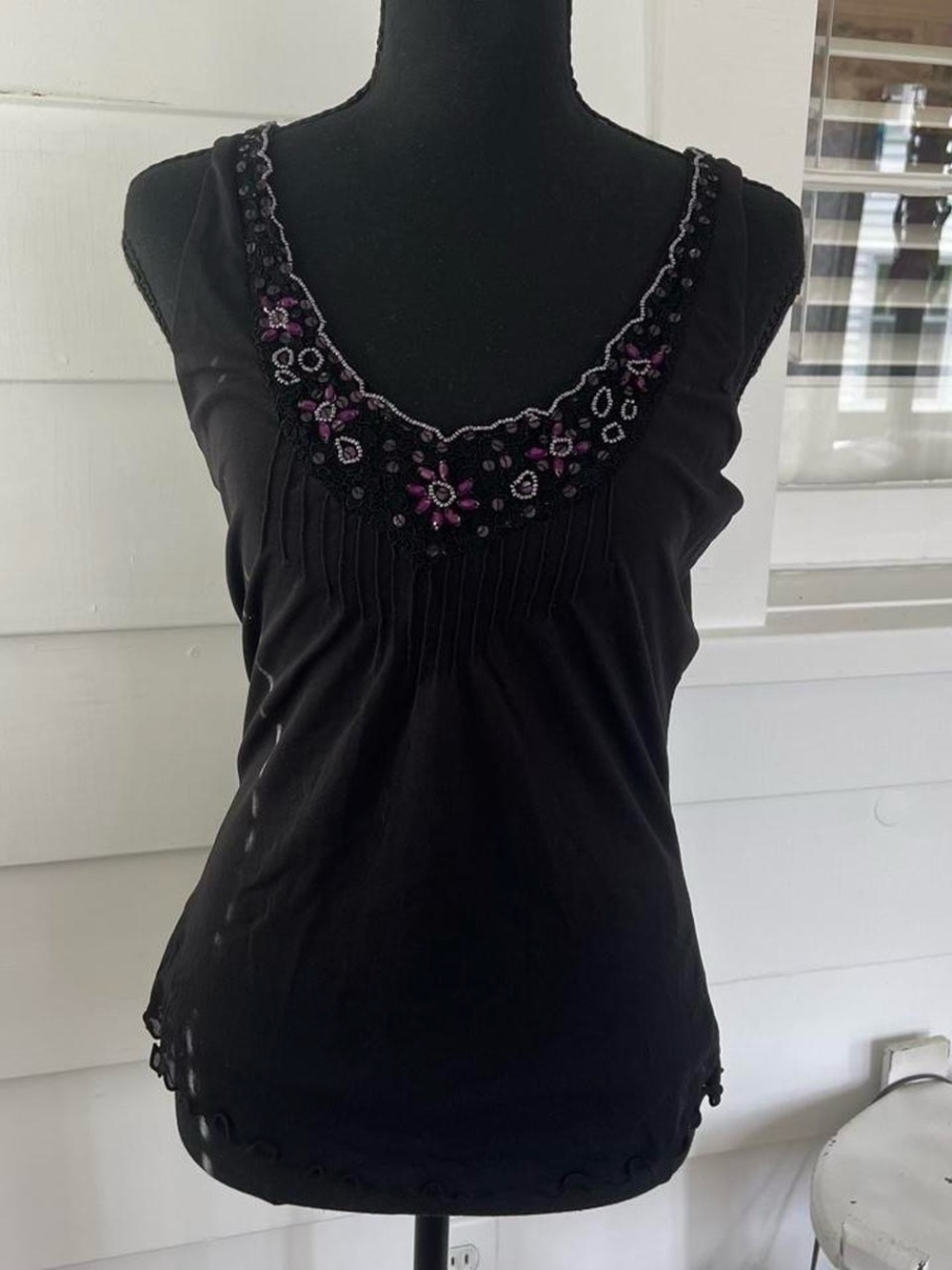 Vintage y2k Black Tank Top with Purple Beaded sequin Floral Trim